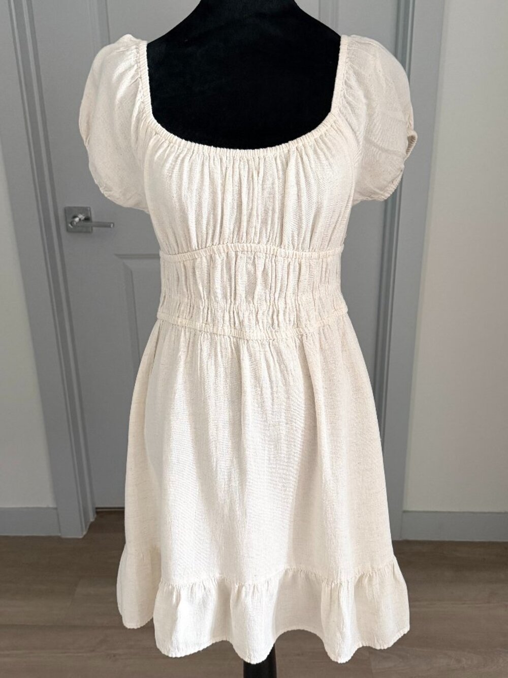 Sim Sam Womens Milkmaid Mini Dress Cottagecore Smocked Waist Cream Farmhouse Med
